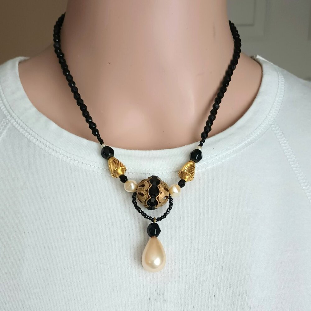 Black Bead Pearl Drop Necklace 18" Gold Tone Boho Choker Women's Fall Jewelry